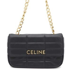 Celine Chain Shoulder Bag Logo Leather Black